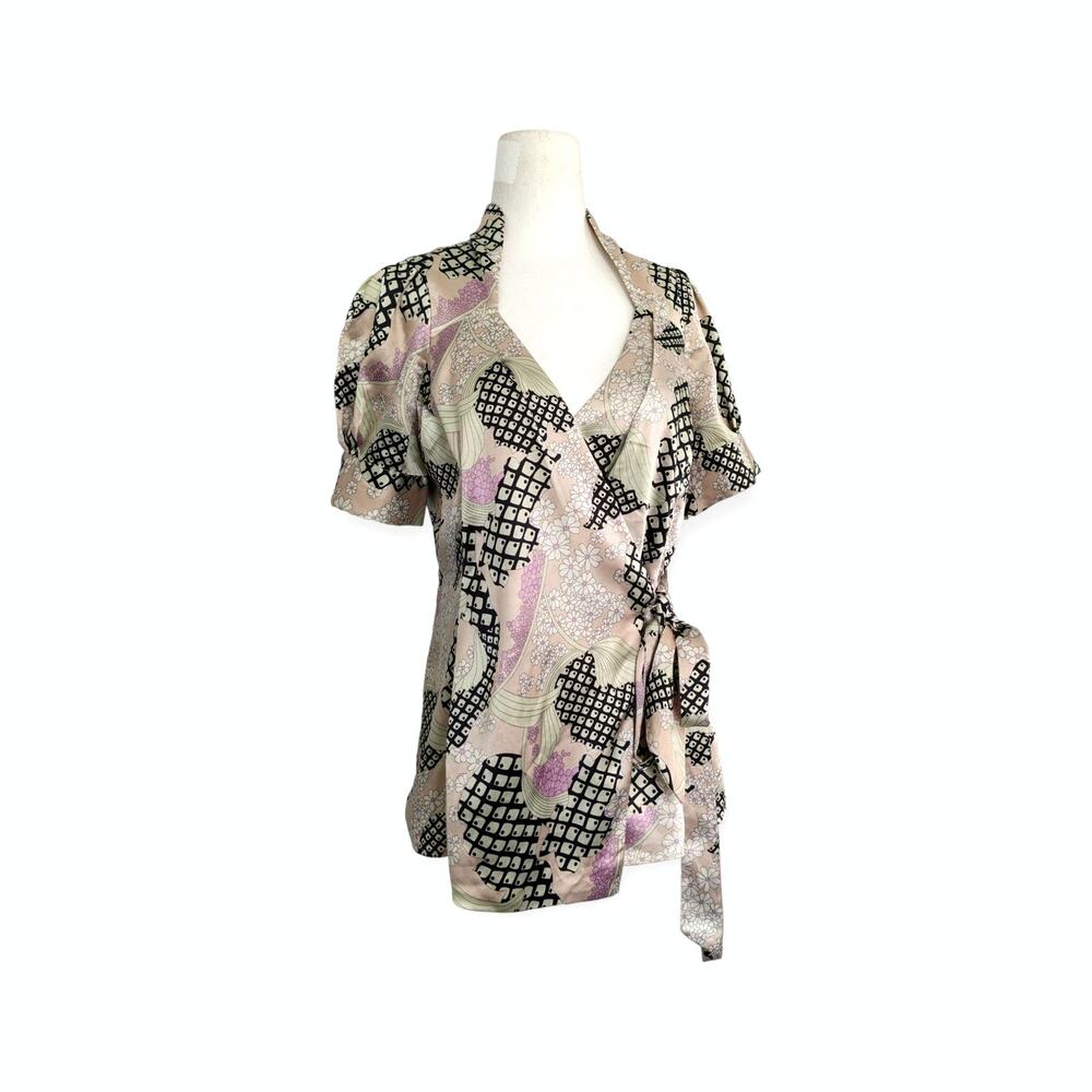 Mixed Print Satin Mandarin Collar Wrap Blouse